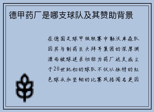 德甲药厂是哪支球队及其赞助背景